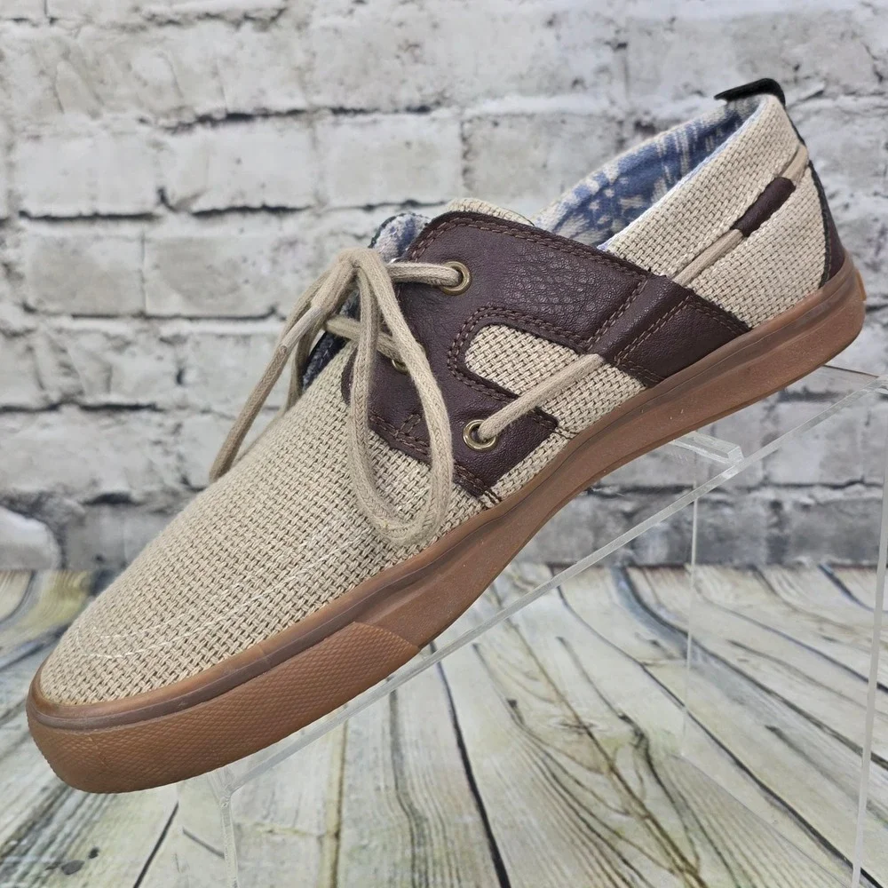Tommy Bahama Stripe Breaker Boat Shoes Mens 11 Tan Brown Textile Leather Casual
